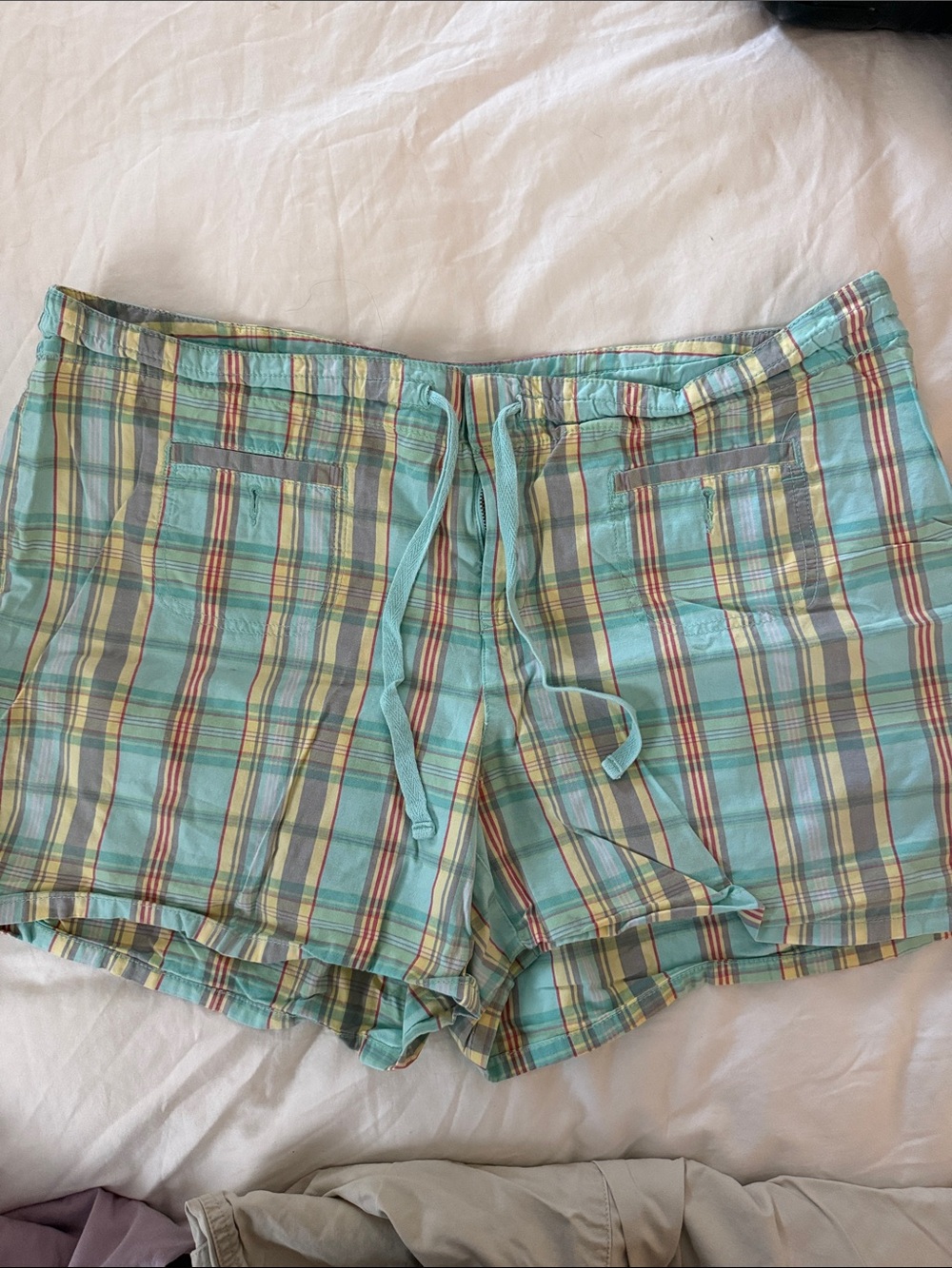 Women’s  Gap Plaid Drawstring Shorts - Light Teal yellow stripe as pictured
